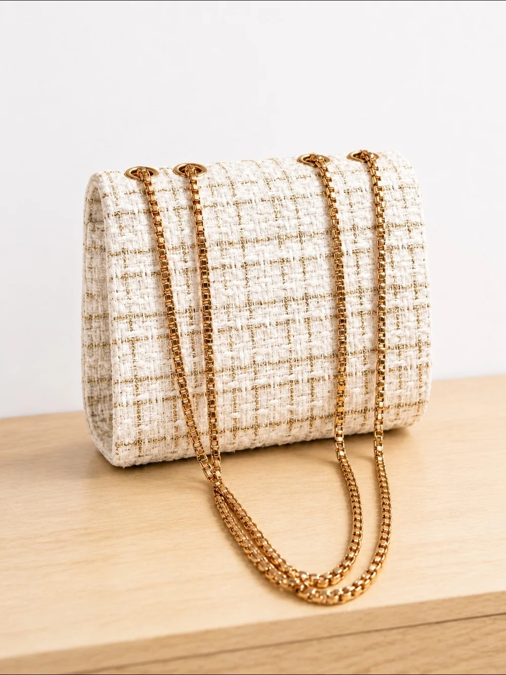 Elegant White Tweed Crossbody Bag with Gold Hardware